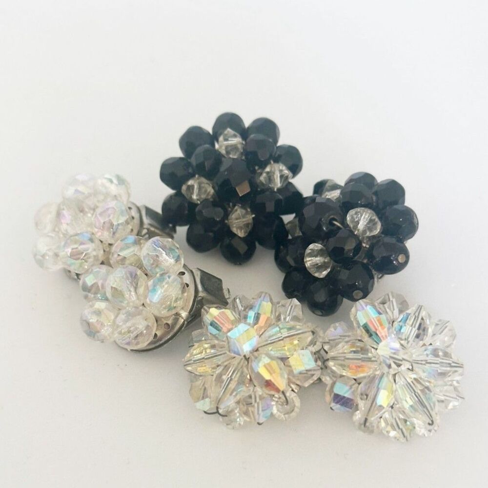 Vintage 50s AB Aurora Borealis Beaded Cluster Clip On Earrings set of 3 pair